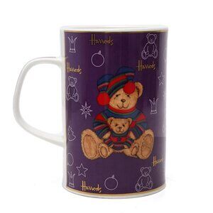 Harrods Knightsbridge Winter Teddy Bear Bone China Mug Cup Christmas Purple Gold